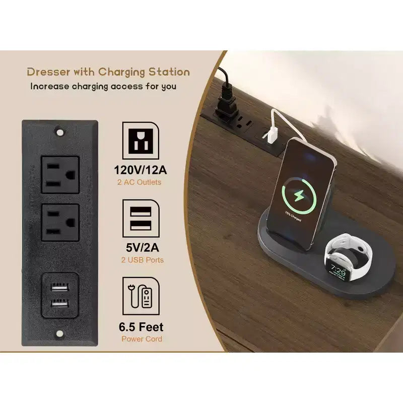 Commode à 6 tiroirs en rotin, avec ports USB et prises de courant, 6 tiroirs de rangement pour chambre à coucher, salon, couloir, chevet, salle à manger, couloir