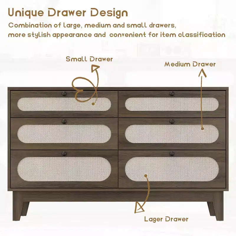 Commode à 6 tiroirs en rotin, avec ports USB et prises de courant, 6 tiroirs de rangement pour chambre à coucher, salon, couloir, chevet, salle à manger, couloir