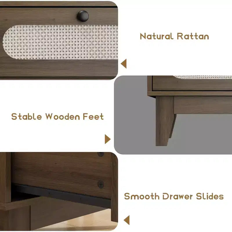 Commode à 6 tiroirs en rotin, avec ports USB et prises de courant, 6 tiroirs de rangement pour chambre à coucher, salon, couloir, chevet, salle à manger, couloir