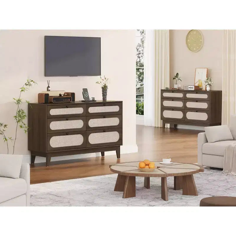 Commode à 6 tiroirs en rotin, avec ports USB et prises de courant, 6 tiroirs de rangement pour chambre à coucher, salon, couloir, chevet, salle à manger, couloir