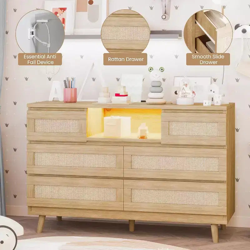 Commode Zstar en rotin à 6 tiroirs avec LED et station de charge pour placard, salon, couloir