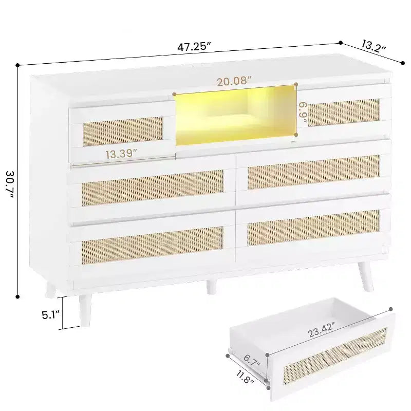 Commode Zstar en rotin à 6 tiroirs avec LED et station de charge pour placard, salon, couloir