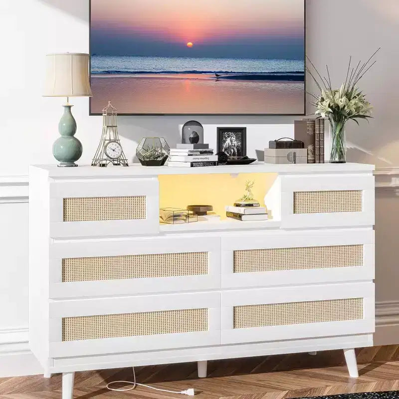 Commode Zstar en rotin à 6 tiroirs avec LED et station de charge pour placard, salon, couloir