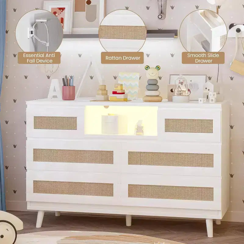 Commode Zstar en rotin à 6 tiroirs avec LED et station de charge pour placard, salon, couloir