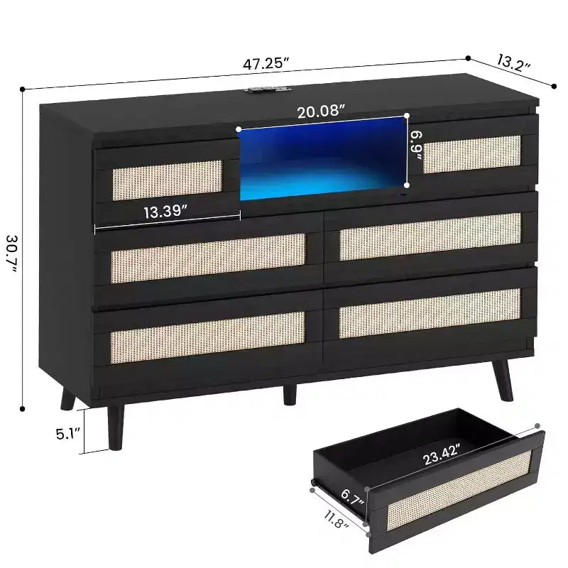 Commode Zstar en rotin à 6 tiroirs avec LED et station de charge pour placard, salon, couloir