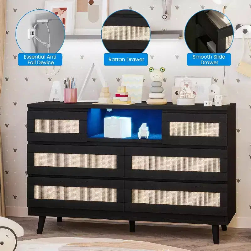 Commode Zstar en rotin à 6 tiroirs avec LED et station de charge pour placard, salon, couloir