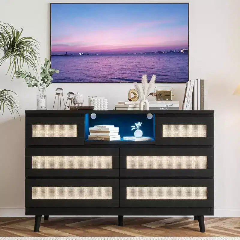 Commode Zstar en rotin à 6 tiroirs avec LED et station de charge pour placard, salon, couloir