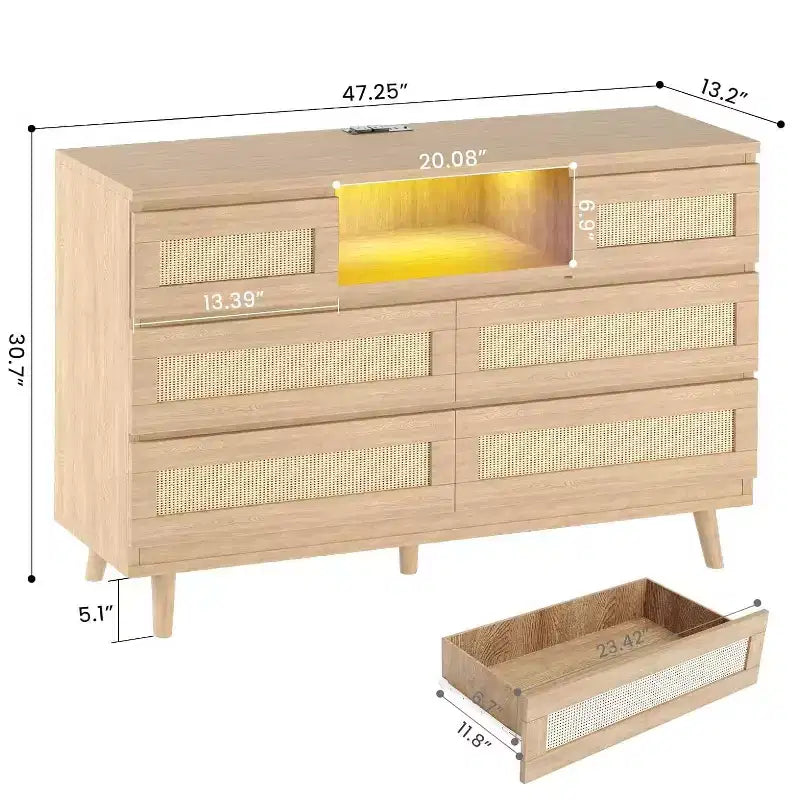 Commode Zstar en rotin à 6 tiroirs avec LED et station de charge pour placard, salon, couloir