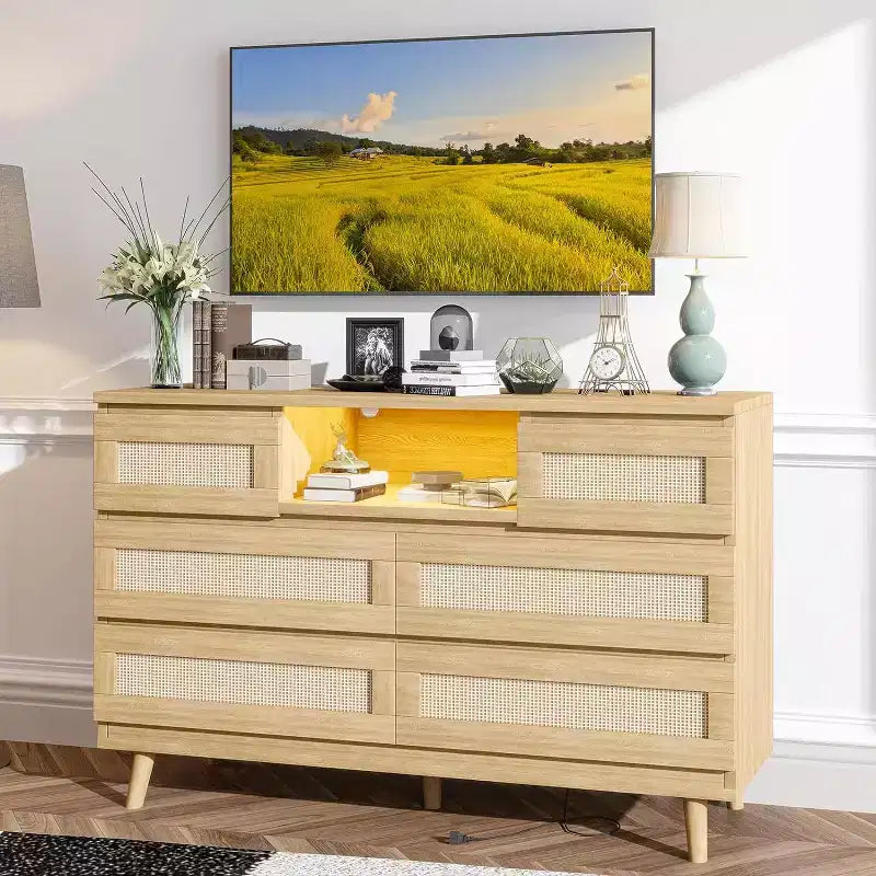 Commode Zstar en rotin à 6 tiroirs avec LED et station de charge pour placard, salon, couloir