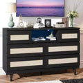 Zstar Rattan 6 Drawers LED Dresser with Charging Station for Closet, Living Room, Hallway