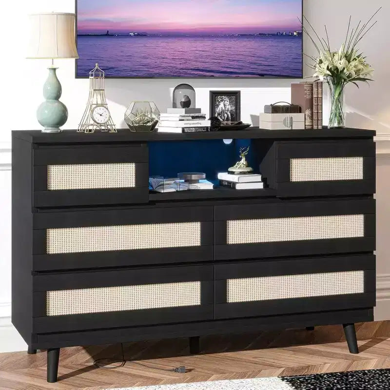 Zstar Rattan 6 Drawers LED Dresser with Charging Station for Closet, Living Room, Hallway
