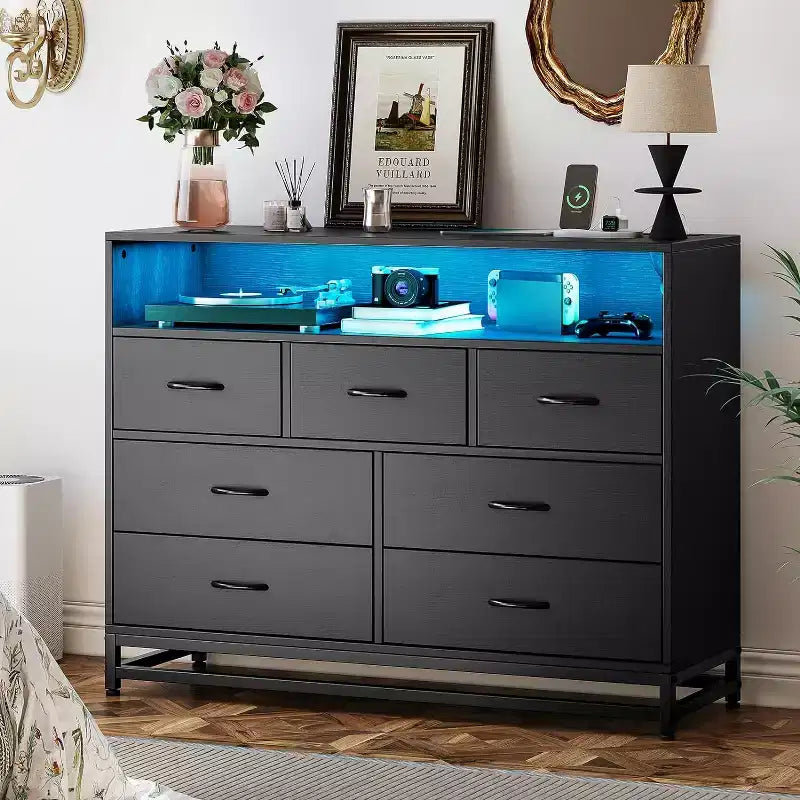 Zstar Modern 7 Drawers with Led Lights and Charging Station for Living Room, Hallway