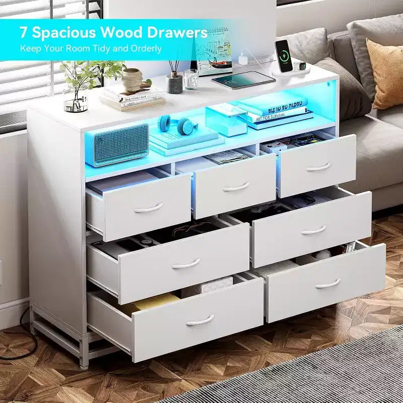Zstar Commode moderne 7 tiroirs avec lumières LED et station de charge pour salon, couloir