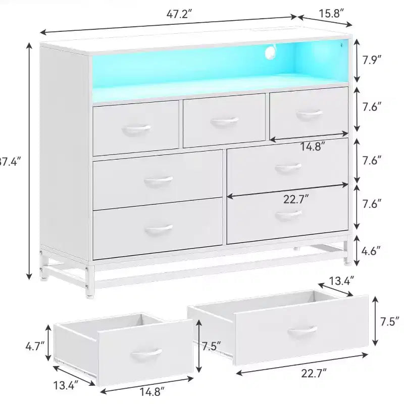 Zstar Commode moderne 7 tiroirs avec lumières LED et station de charge pour salon, couloir