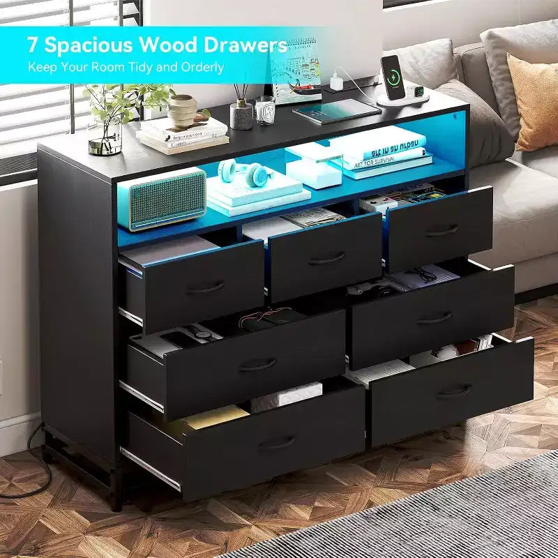 Zstar Commode moderne 7 tiroirs avec lumières LED et station de charge pour salon, couloir