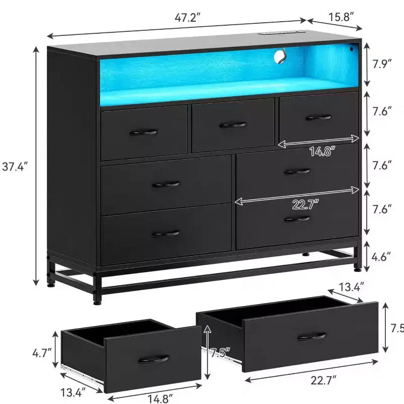 Zstar Commode moderne 7 tiroirs avec lumières LED et station de charge pour salon, couloir