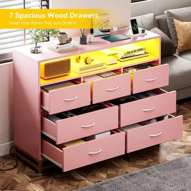 Zstar Commode moderne 7 tiroirs avec lumières LED et station de charge pour salon, couloir