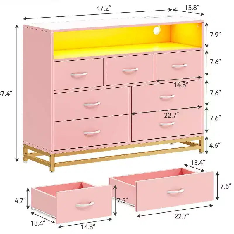 Zstar Commode moderne 7 tiroirs avec lumières LED et station de charge pour salon, couloir