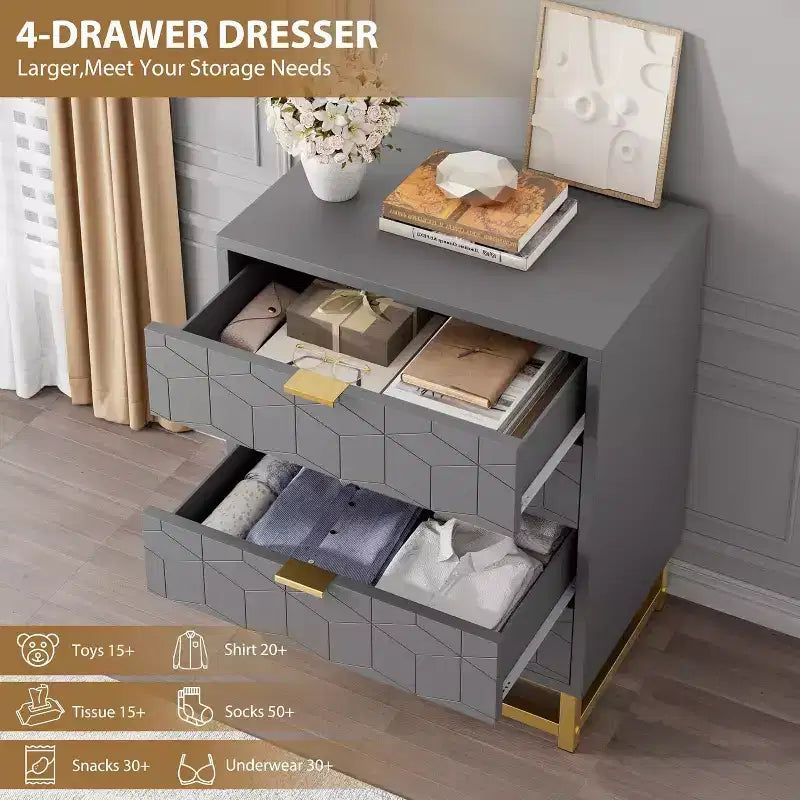 Coiffeuse de chambre Zstar, commode à 4 tiroirs avec pieds en métal