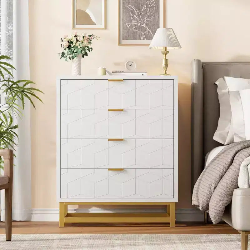 Coiffeuse de chambre Zstar, commode à 4 tiroirs avec pieds en métal