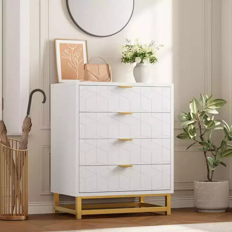 Coiffeuse de chambre Zstar, commode à 4 tiroirs avec pieds en métal