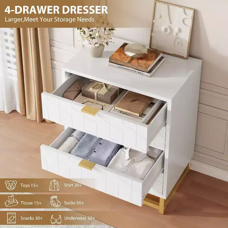 Coiffeuse de chambre Zstar, commode à 4 tiroirs avec pieds en métal