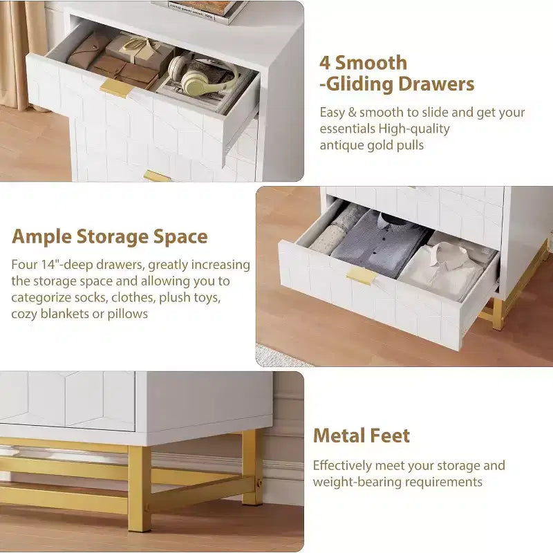 Coiffeuse de chambre Zstar, commode à 4 tiroirs avec pieds en métal