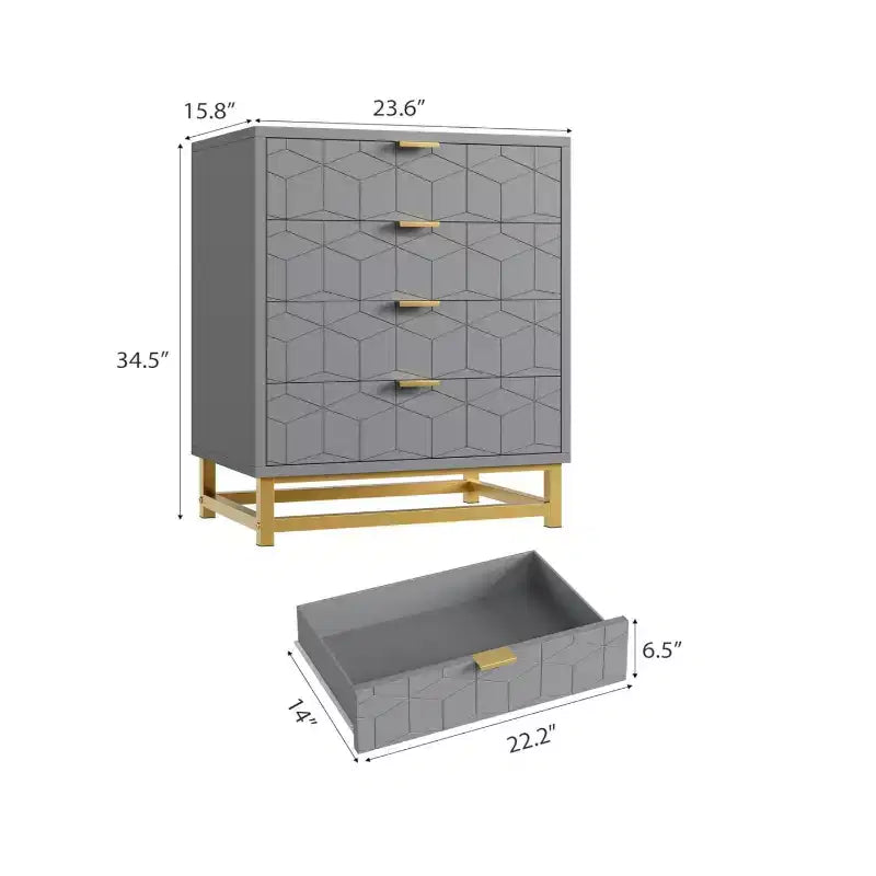 Coiffeuse de chambre Zstar, commode à 4 tiroirs avec pieds en métal