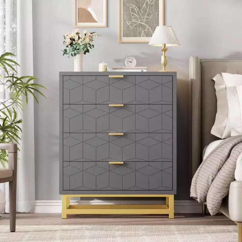 Coiffeuse de chambre Zstar, commode à 4 tiroirs avec pieds en métal