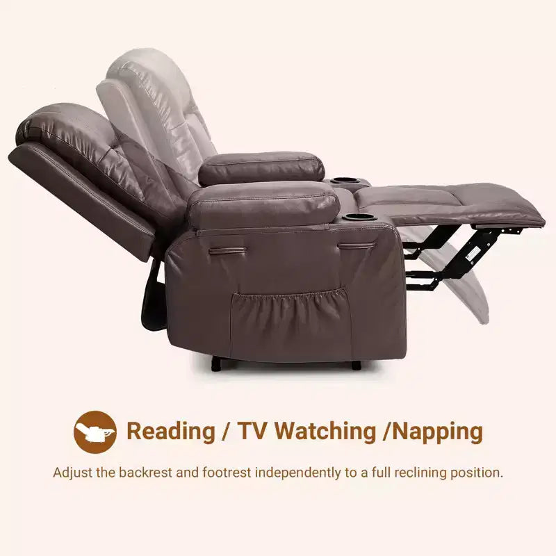 Fauteuil inclinable releveur en cuir PU, meuble réglable pour le dos et les jambes avec 3 positions, poche latérale (largeur d'assise 68,5 cm + porte-gobelets)