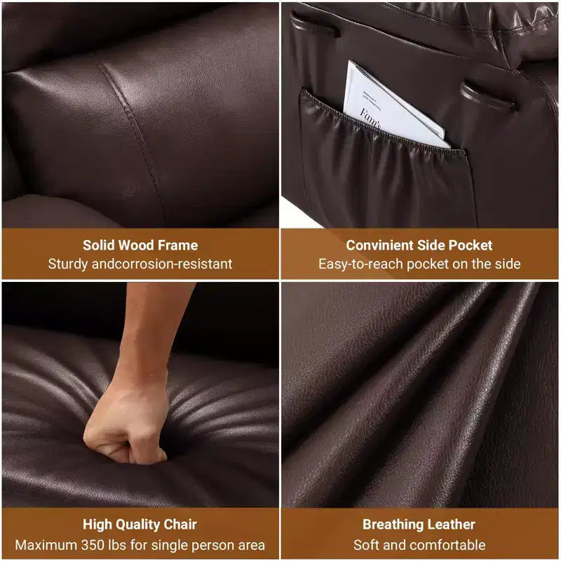 Fauteuil inclinable releveur en cuir PU, meuble réglable pour le dos et les jambes avec 3 positions, poche latérale (largeur d'assise 68,5 cm + porte-gobelets)