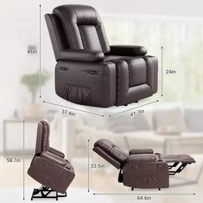 Fauteuil inclinable releveur en cuir PU, meuble réglable pour le dos et les jambes avec 3 positions, poche latérale (largeur d'assise 68,5 cm + porte-gobelets)