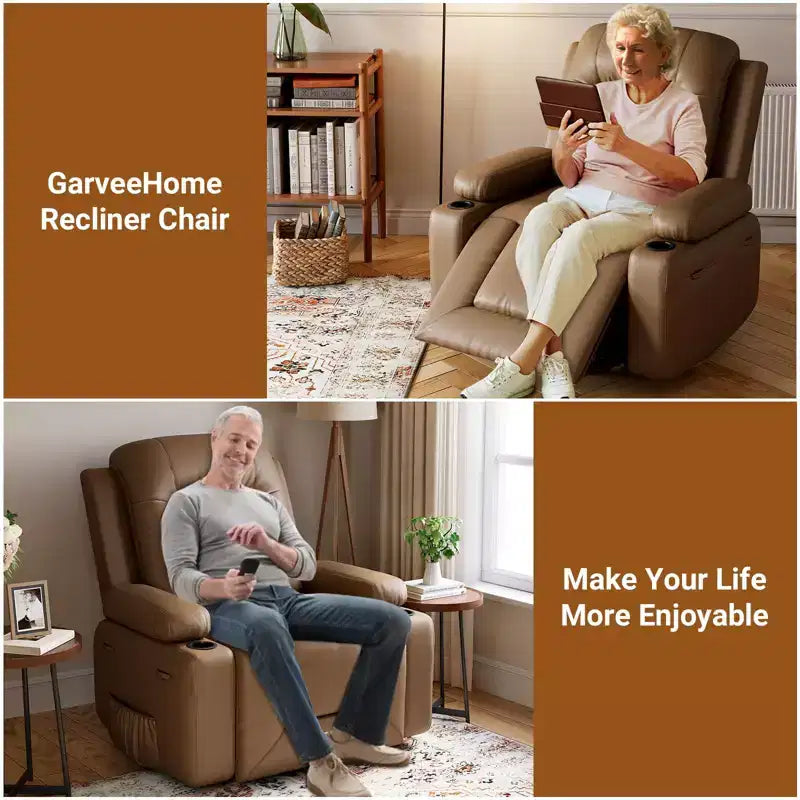 Fauteuil inclinable releveur en cuir PU, meuble réglable pour le dos et les jambes avec 3 positions, poche latérale (largeur d'assise 68,5 cm + porte-gobelets)