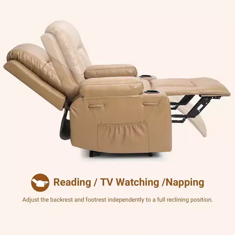 Fauteuil inclinable releveur en cuir PU, meuble réglable pour le dos et les jambes avec 3 positions, poche latérale (largeur d'assise 68,5 cm + porte-gobelets)