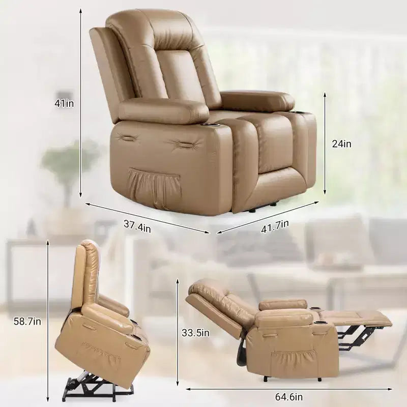 Fauteuil inclinable releveur en cuir PU, meuble réglable pour le dos et les jambes avec 3 positions, poche latérale (largeur d'assise 68,5 cm + porte-gobelets)