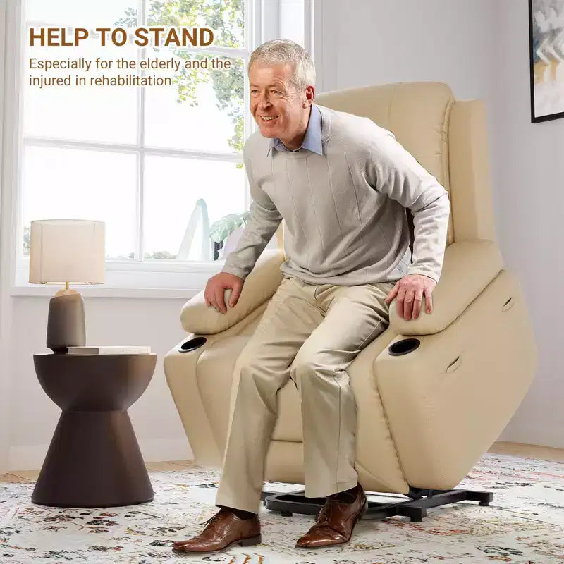 Fauteuil inclinable releveur en cuir PU, meuble réglable pour le dos et les jambes avec 3 positions, poche latérale (largeur d'assise 68,5 cm + porte-gobelets)