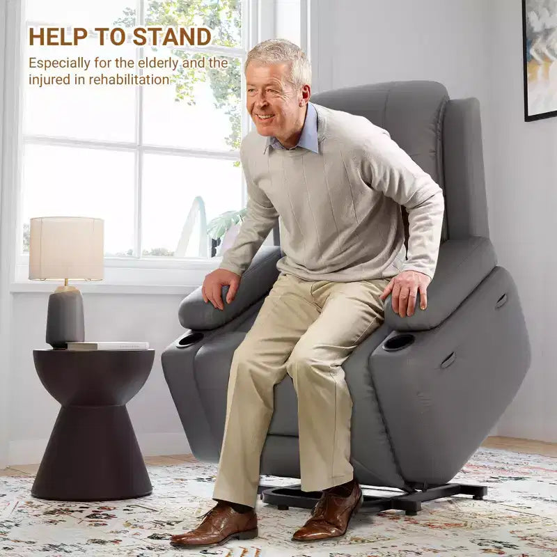 Fauteuil inclinable releveur en cuir PU, meuble réglable pour le dos et les jambes avec 3 positions, poche latérale (largeur d'assise 68,5 cm + porte-gobelets)