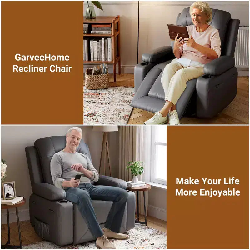 Fauteuil inclinable releveur en cuir PU, meuble réglable pour le dos et les jambes avec 3 positions, poche latérale (largeur d'assise 68,5 cm + porte-gobelets)