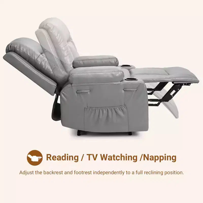 Fauteuil inclinable releveur en cuir PU, meuble réglable pour le dos et les jambes avec 3 positions, poche latérale (largeur d'assise 68,5 cm + porte-gobelets)