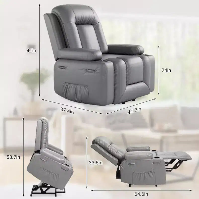 Fauteuil inclinable releveur en cuir PU, meuble réglable pour le dos et les jambes avec 3 positions, poche latérale (largeur d'assise 68,5 cm + porte-gobelets)