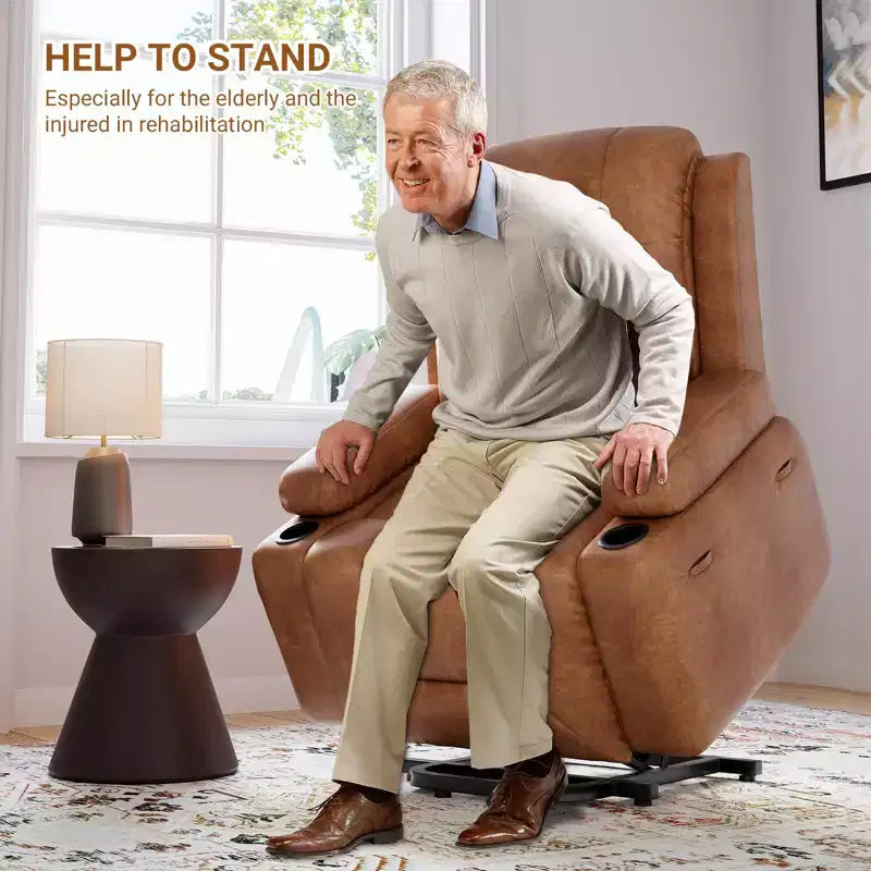 Fauteuil inclinable releveur en cuir PU, meuble réglable pour le dos et les jambes avec 3 positions, poche latérale (largeur d'assise 68,5 cm + porte-gobelets)