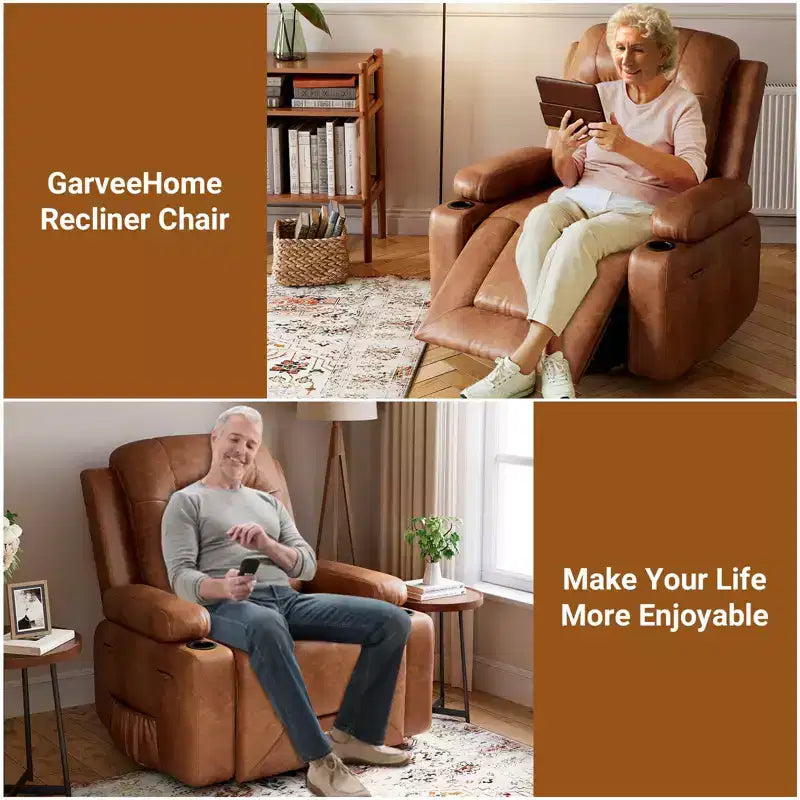 Fauteuil inclinable releveur en cuir PU, meuble réglable pour le dos et les jambes avec 3 positions, poche latérale (largeur d'assise 68,5 cm + porte-gobelets)