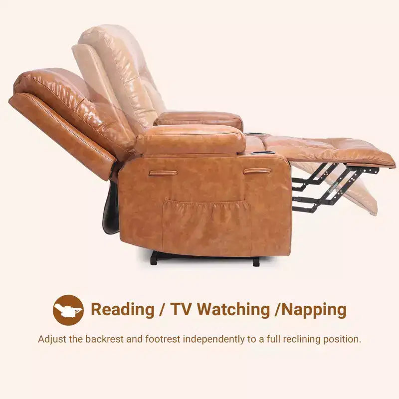 Fauteuil inclinable releveur en cuir PU, meuble réglable pour le dos et les jambes avec 3 positions, poche latérale (largeur d'assise 68,5 cm + porte-gobelets)