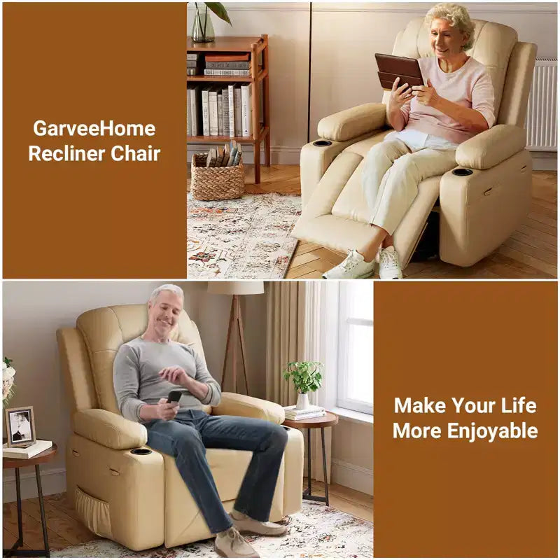 Fauteuil inclinable releveur en cuir PU, meuble réglable pour le dos et les jambes avec 3 positions, poche latérale (largeur d'assise 68,5 cm + porte-gobelets)