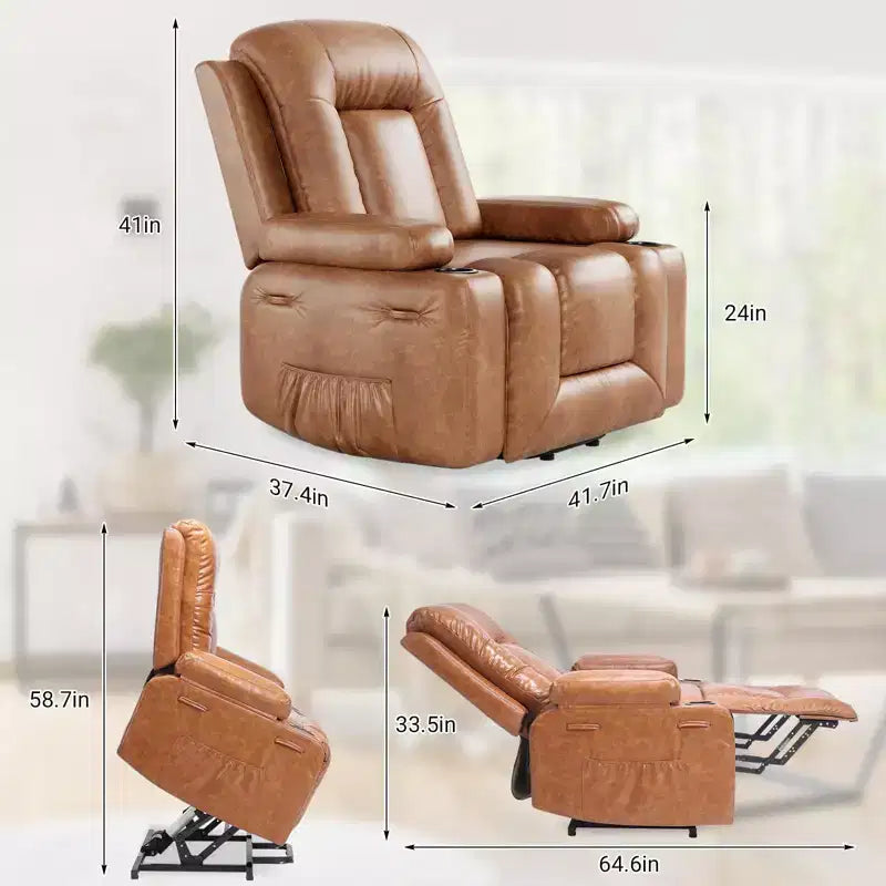 Fauteuil inclinable releveur en cuir PU, meuble réglable pour le dos et les jambes avec 3 positions, poche latérale (largeur d'assise 68,5 cm + porte-gobelets)