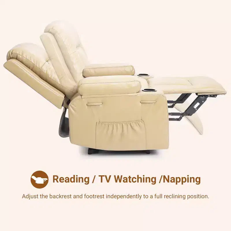 Fauteuil inclinable releveur en cuir PU, meuble réglable pour le dos et les jambes avec 3 positions, poche latérale (largeur d'assise 68,5 cm + porte-gobelets)