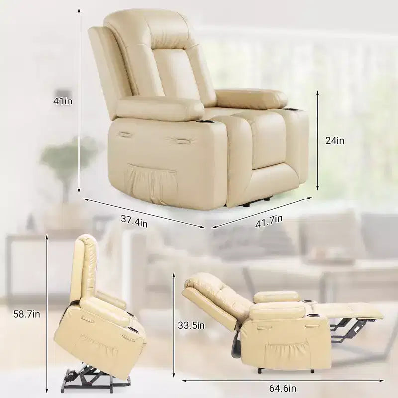 Fauteuil inclinable releveur en cuir PU, meuble réglable pour le dos et les jambes avec 3 positions, poche latérale (largeur d'assise 68,5 cm + porte-gobelets)