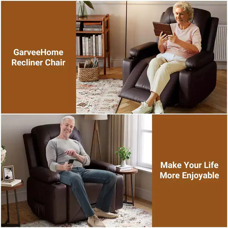Fauteuil inclinable releveur en cuir PU, meuble réglable pour le dos et les jambes avec 3 positions, poche latérale (largeur d'assise 68,5 cm + porte-gobelets)