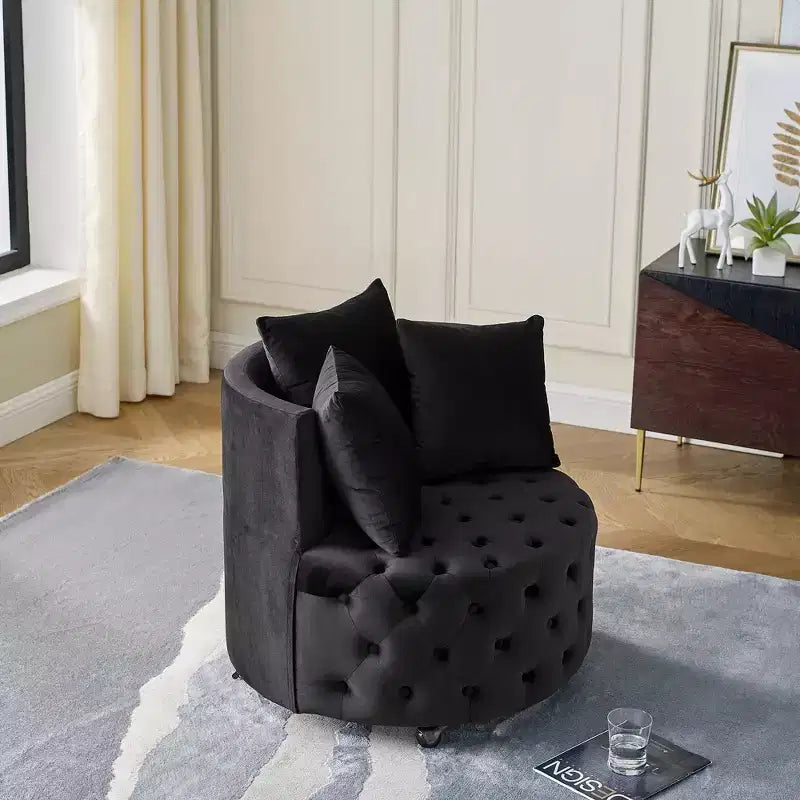Fauteuil pivotant de salon en velours, avec capitonnage et roulettes mobiles, incluant 3 oreillers, noir