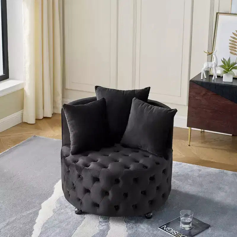 Fauteuil pivotant de salon en velours, avec capitonnage et roulettes mobiles, incluant 3 oreillers, noir